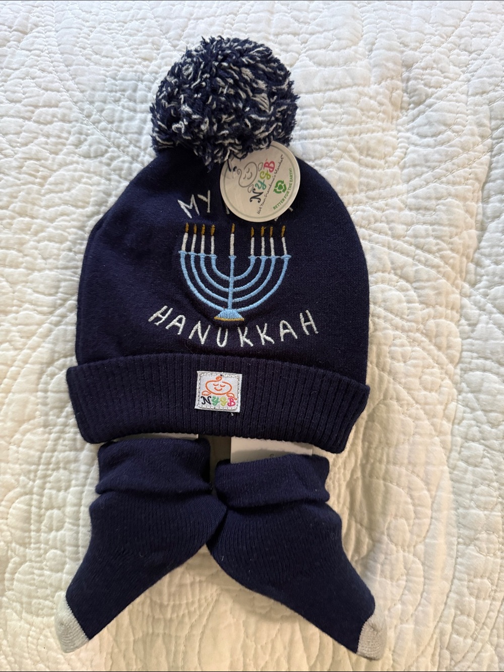 My First Hanukkah Navy Pom Pom Beanie & Socks Set - Kids